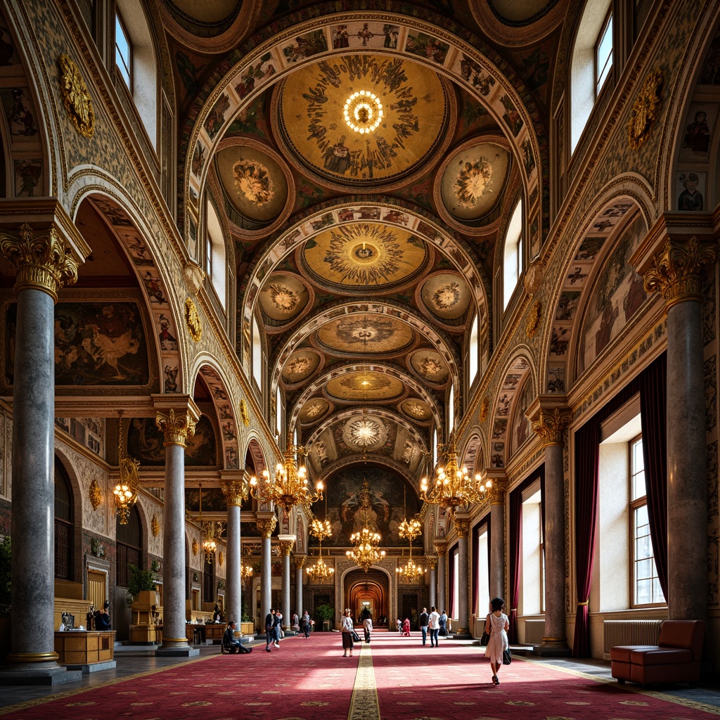 Prompt: Intricate mosaics, golden domes, ornate arches, lavish frescoes, ornamental capitals, marble columns, grand entranceways, intricate stone carvings, vaulted ceilings, richly patterned textiles, Byzantine crosses, ornate lanterns, gilded accents, regal red and gold color scheme, dramatic lighting, shallow depth of field, 1/2 composition, realistic textures, ambient occlusion.