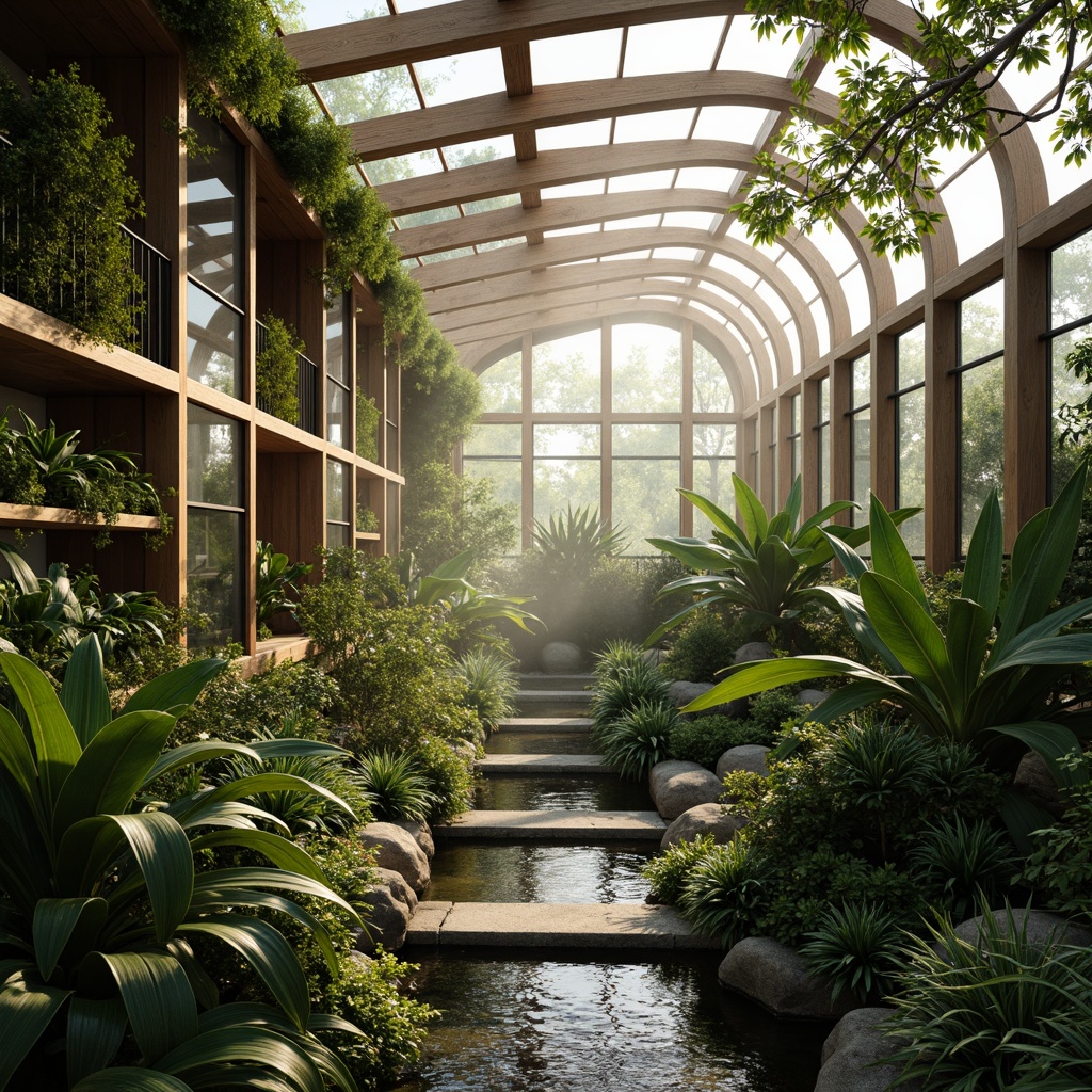 Prompt: Naturalistic greenhouse, lush tropical plants, misty atmosphere, warm sunlight, organic curves, wooden frames, transparent glass walls, sliding doors, stone pathways, water features, serene ambiance, soft diffused lighting, shallow depth of field, 1/1 composition, intimate focal length, realistic textures, ambient occlusion, vibrant green hues, earthy tones, natural materials, sustainable systems, rainwater harvesting, solar power integration, living roofs, ecological balance.