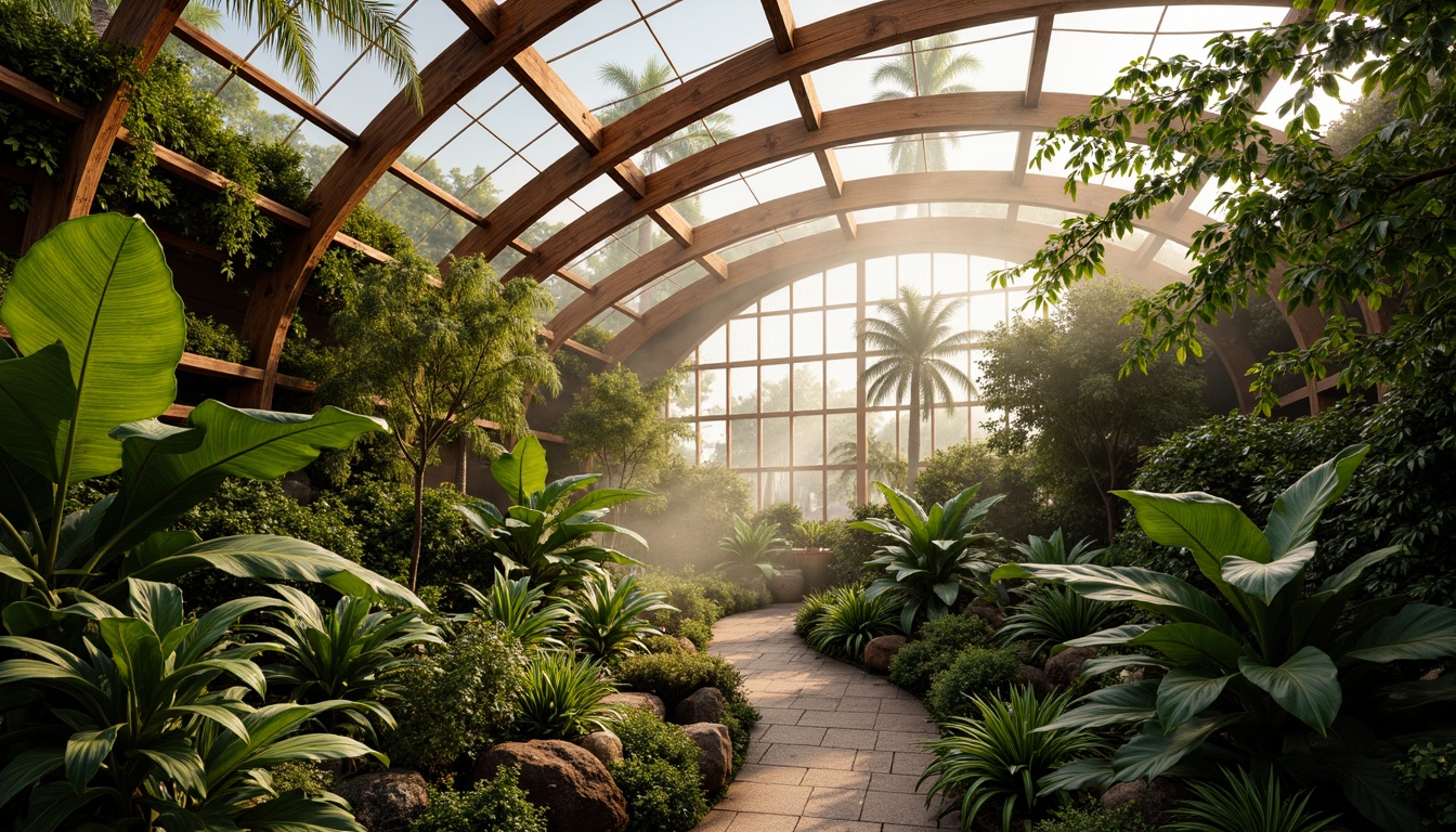 Prompt: Vibrant botanical greenhouse, lush tropical plants, warm natural light, misty atmosphere, curved glass architecture, wooden trellises, earthy tones, moss-covered walls, verdant foliage, soft diffused lighting, 1/1 composition, shallow depth of field, realistic textures, ambient occlusion.