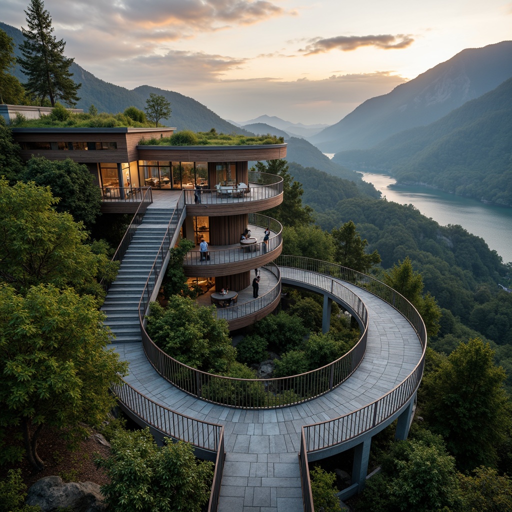 Prompt: Winding stone staircases, lush green roofs, rustic wooden accents, panoramic views, 360-degree observatory decks, modern minimalist architecture, sleek metal railings, glass floors, surrounding forest landscapes, misty mountains, serene lakes, dramatic skies, warm sunset lighting, shallow depth of field, 3/4 composition, realistic textures, ambient occlusion.Please let me know if this meets your requirements!