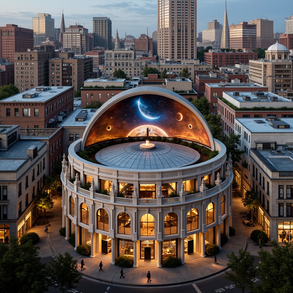 Prompt: Historic planetarium, neoclassical architecture, ornate details, grand domes, celestial-inspired murals, starry night sky projections, urban cityscape integration, bustling streets, modern skyscrapers, green rooftops, vibrant street art, eclectic storefronts, lively pedestrians, warm golden lighting, shallow depth of field, 1/1 composition, symmetrical framing, high dynamic range, realistic textures, ambient occlusion.