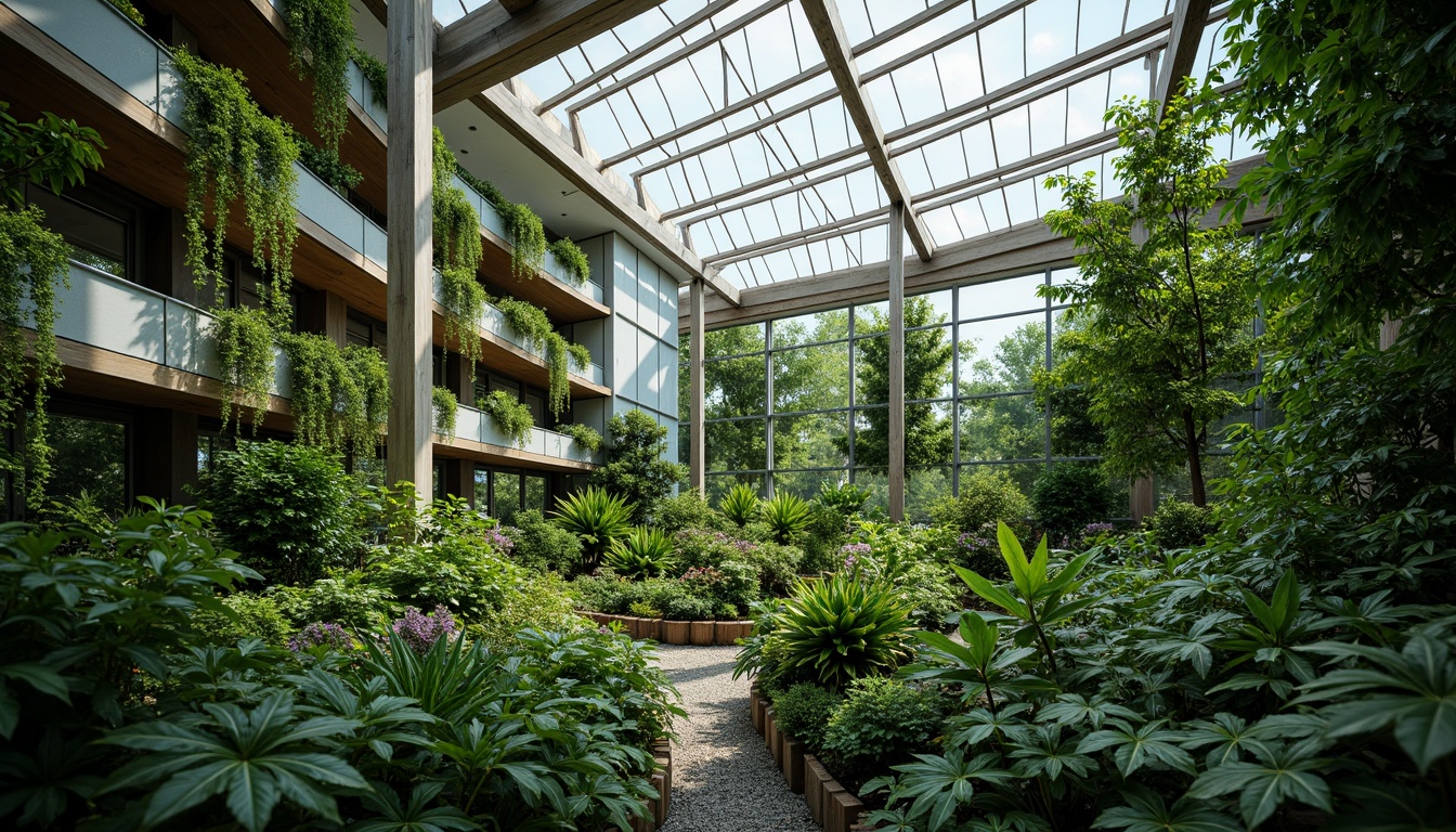 Prompt: Eco-friendly greenhouse, lush tropical plants, natural ventilation systems, solar-powered irrigation, rainwater harvesting, organic fertilizers, recycled materials, energy-efficient lighting, thermal mass walls, passive solar design, clerestory windows, living roofs, green walls, misting systems, humidity control, ambient lighting, soft shadows, shallow depth of field, 1/1 composition, realistic textures, subtle color palette.