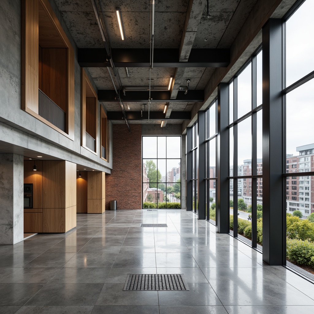 Prompt: Polished concrete floors, exposed brick walls, industrial metal beams, sleek glass fa\u00e7ades, minimalist wooden accents, smooth stone surfaces, matte aluminum panels, geometric patterned tiles, neutral tone color palette, abundant natural light, shallow depth of field, 1/1 composition, realistic reflections, ambient occlusion, modernist architectural style, functional simplicity, clean lines, rectangular forms, urban cityscape background, overcast cloudy sky, soft diffused lighting.