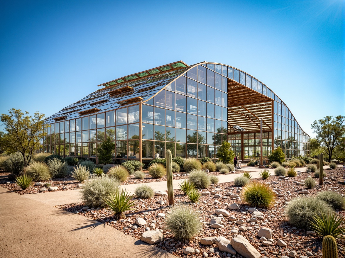 Prompt: Desert greenhouse, arid landscape, cactus plants, hot sunny day, clear blue sky, innovative ventilation systems, evaporative cooling technology, misting systems, fogging systems, climate control, temperature regulation, humidity management, air circulation, heat recovery, energy efficiency, sustainable agriculture, crop cultivation, hydroponic systems, irrigation management, water conservation, green roofs, solar panels, photovoltaic power generation, modern architectural design, curved glass surfaces, angular metal frames, vibrant colorful textiles, intricate geometric motifs.