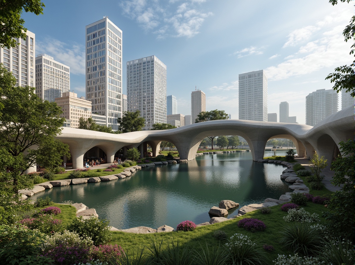 Prompt: Undulating blob-like bridges, organic curves, natural stone foundations, verdant foliage, meandering waterways, serene urban landscapes, futuristic transportation systems, sleek metallic structures, iridescent glass surfaces, soft diffused lighting, misty atmospheric effects, 1/1 composition, low-angle shot, realistic reflections, ambient occlusion, vibrant greenery, blooming flowers, warm sunny day.