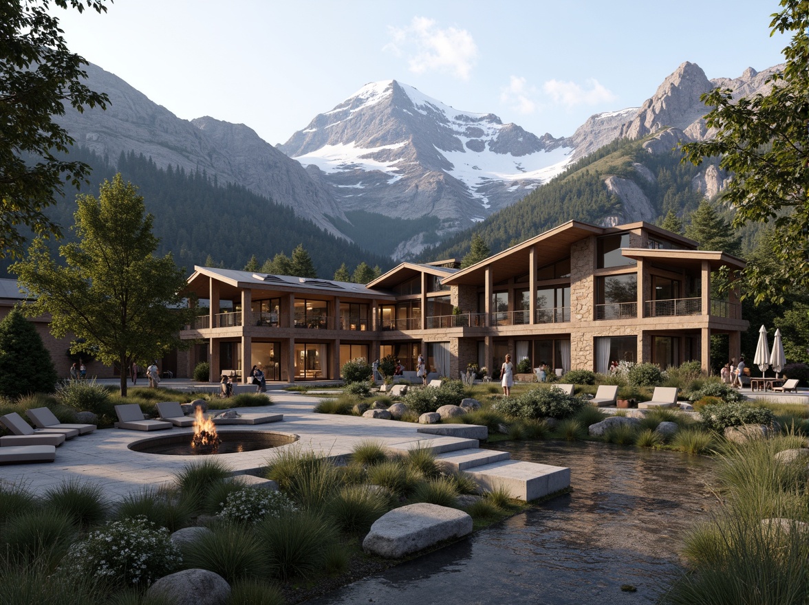 Prompt: Mountainous landscape, rugged terrain, snow-capped peaks, alpine trees, rustic stone walls, wooden accents, large windows, sliding glass doors, clerestory windows, skylights, open floor plans, minimal obstruction, reflective surfaces, earthy color palette, natural textures, organic shapes, cantilevered roofs, overhanging eaves, shaded outdoor spaces, misting systems, ambient occlusion, soft warm lighting, shallow depth of field, 3/4 composition, panoramic view, realistic materials.