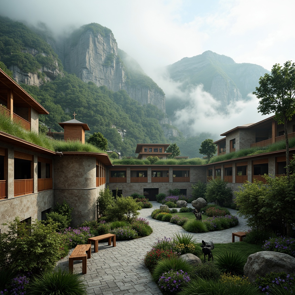 Prompt: Misty mountainside, serene monastery complex, organic architecture, curved lines, natural stone walls, wooden accents, lush green roofs, tranquil courtyards, meandering pathways, ornate fountains, rustic benches, vibrant flowers, blooming trees, soft warm lighting, shallow depth of field, 3/4 composition, panoramic view, realistic textures, ambient occlusion, foggy morning atmosphere, peaceful ambiance.