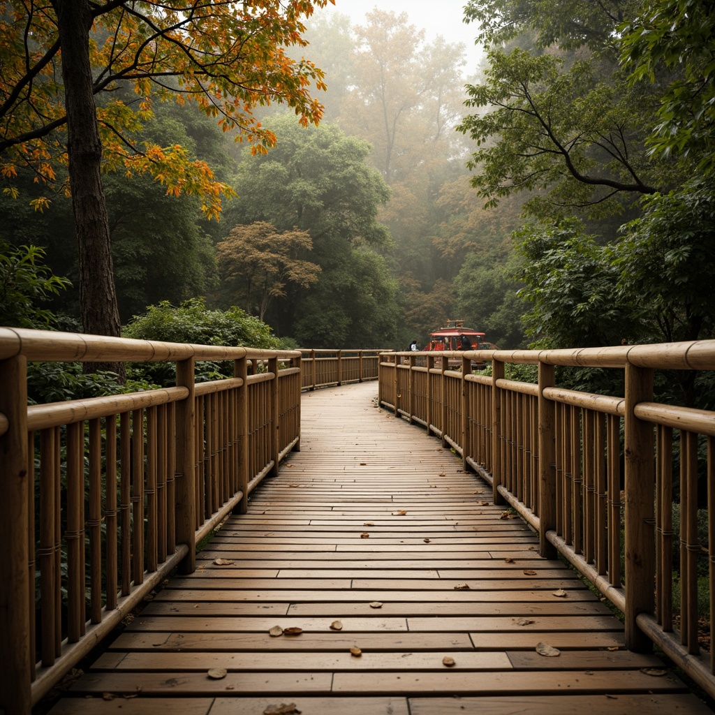 Prompt: Rustic wooden bridges, natural stone arches, earthy tone pavements, woven bamboo railings, organic shapes, curved lines, blending with surroundings, serene forest environments, misty mornings, soft warm lighting, shallow depth of field, 1/1 composition, realistic textures, ambient occlusion.