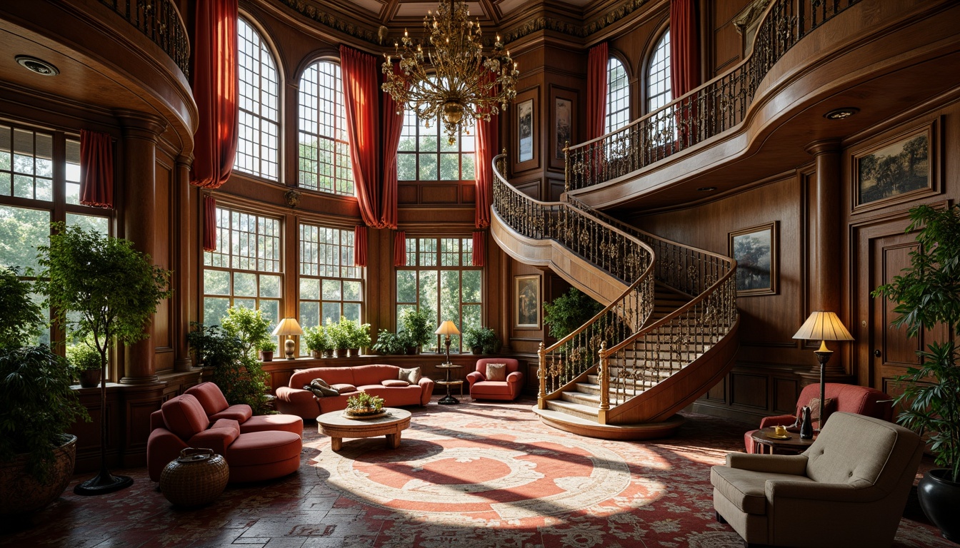 Prompt: Intricate ornate details, flowing organic lines, sinuous curves, luxurious fabrics, rich jewel-toned colors, vintage decorative accents, grand high ceilings, opulent chandeliers, ornamental mirrors, carved wooden paneling, majestic staircases, curved balconies, lush greenery, natural light pouring in, soft warm glow, shallow depth of field, 3/4 composition, realistic textures, ambient occlusion.