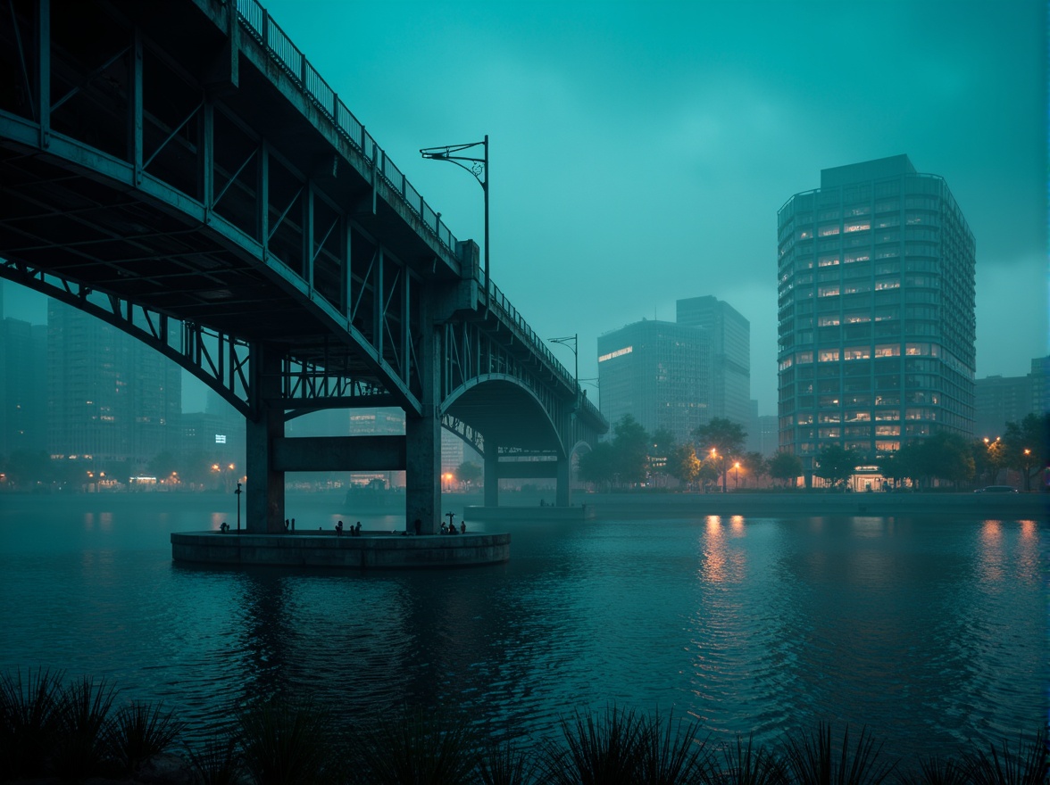 Prompt: Mysterious bridge, dark cyan steel structure, industrial aesthetic, urban cityscape, misty atmosphere, dramatic lighting, vibrant city lights, reflections on water, modern architecture, sleek lines, minimalist design, metallic textures, moody color palette, contrasting bright accents, atmospheric fog, shallow depth of field, 1/2 composition, cinematic view, realistic rendering.