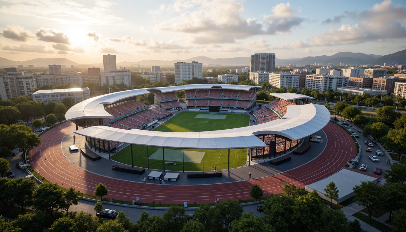 Prompt: Aerodynamic stadium facade, curved lines, metallic materials, sleek glass surfaces, cantilevered roofs, vibrant green fields, streamlined sports tracks, modern LED scoreboards, dynamic floodlighting, shallow depth of field, 3/4 composition, panoramic view, realistic textures, ambient occlusion, urban cityscape, bustling streets, morning mist, warm sunlight, dramatic shadows.