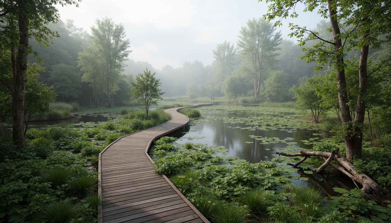 Prompt: Misty wetland scenery, lush aquatic plants, winding waterways, rustic wooden boardwalks, native wildlife habitats, serene natural atmosphere, soft diffused lighting, shallow depth of field, 3/4 composition, panoramic view, realistic textures, ambient occlusion, gentle ripples on water surface, vibrant green moss, weathered driftwood, tranquil ambiance, early morning mist, warm color palette.