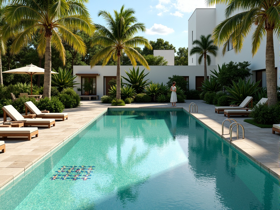 Prompt: Vibrant turquoise pool water, sun-kissed deck, warm beige lounge chairs, lush greenery surroundings, tropical palm trees, colorful mosaic tiles, modern geometric patterns, shallow waters, gentle water features, serene ambiance, soft natural light, 1/1 composition, realistic reflections, ambient occlusion.