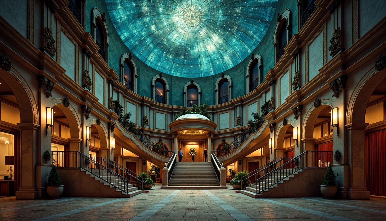 Prompt: Celestial planetarium, classic domed architecture, ornate copper details, grand entrance, sweeping staircases, intricate stone carvings, celestial map projections, starry night sky, soft warm lighting, subtle gradient effects, 3/4 composition, symmetrical layout, realistic metallic textures, ambient occlusion, vibrant blue-green hues, subtle golden accents, luxurious velvet drapes, ornate wooden paneling, majestic columns, sweeping arches, subtle fog effects.