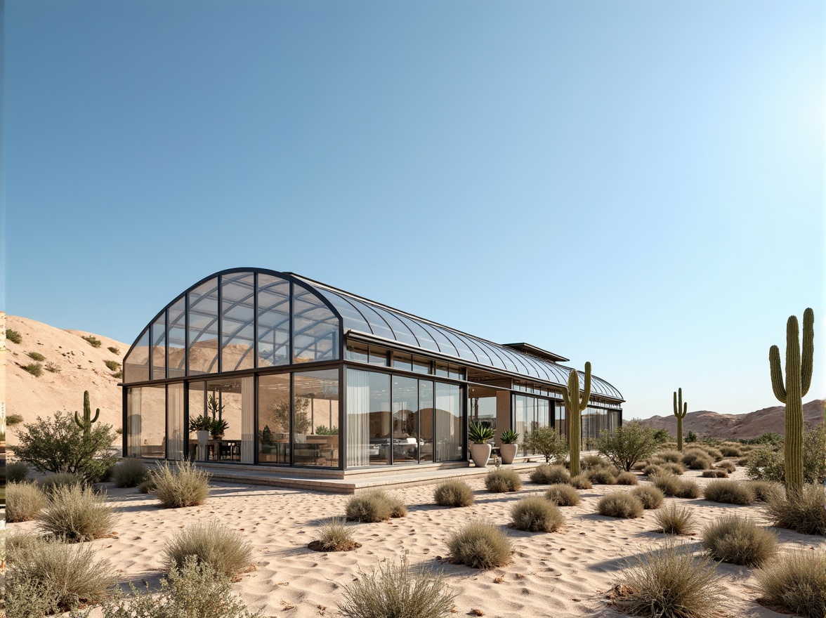 Prompt: Arid desert landscape, futuristic greenhouse design, sleek metal framework, transparent polycarbonate panels, advanced climate control systems, efficient ventilation networks, evaporative cooling technologies, misting systems, humidity management, temperature regulation, air circulation optimization, innovative shading solutions, solar-powered fans, automated window opening systems, natural convection enhancement, dry and hot desert climate, cacti and succulent plants, sandy terrain, clear blue sky, high-performance insulation materials, reflective coatings, double-glazed windows, insect screens, and realistic textures.