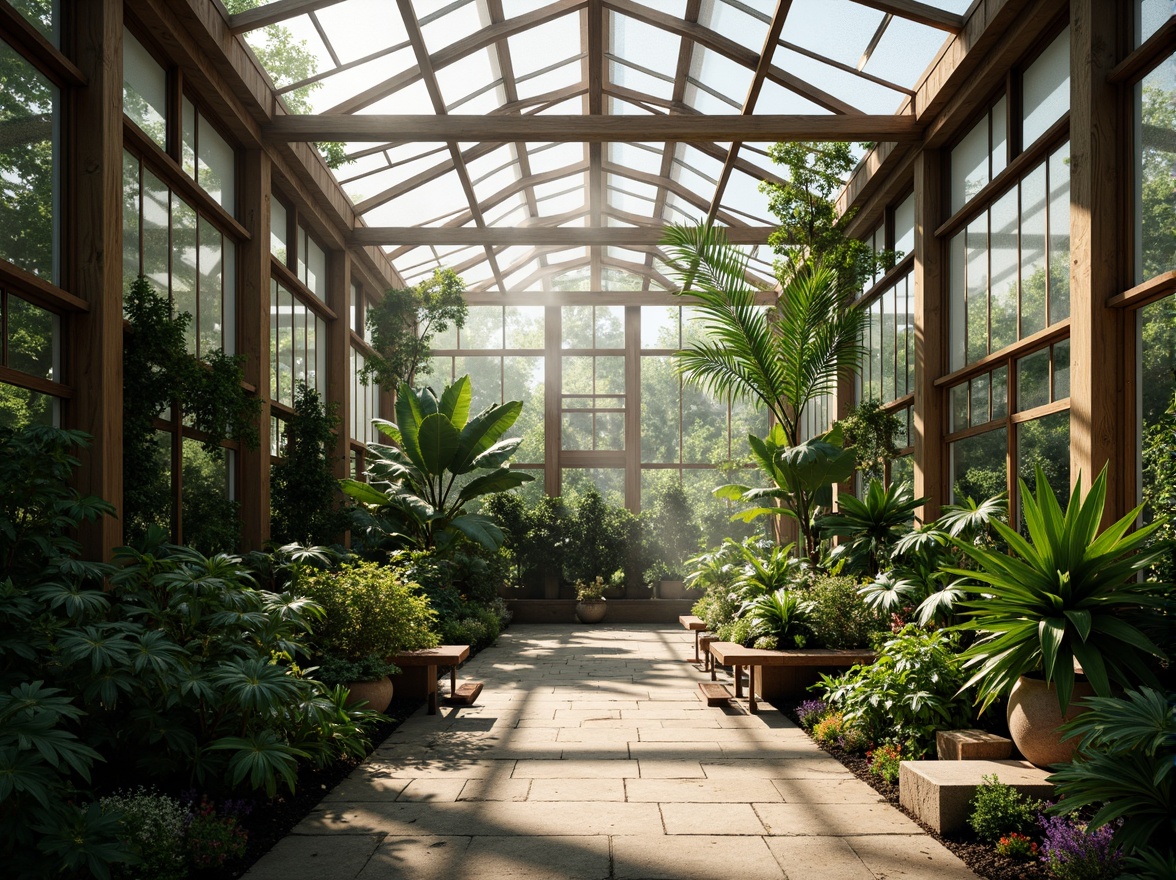 Prompt: Lush greenhouse interior, tropical plants, misty atmosphere, natural stone flooring, wooden beams, steel frames, glass roofs, clerestory windows, retractable shading systems, automated irrigation, climate control panels, humidity sensors, trellis structures, botanical displays, warm soft lighting, shallow depth of field, 1/2 composition, panoramic view, realistic textures, ambient occlusion.