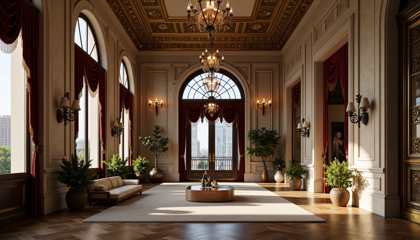 Prompt: Grandiose neoclassical facade, marble columns, ornate stone carvings, richly patterned bronze doors, opulent chandeliers, intricate moldings, luxurious velvet drapes, polished hardwood floors, high ceilings, crystal glass windows, symmetrical composition, classical proportions, subtle warm lighting, soft focus, atmospheric perspective, detailed textures, realistic reflections.