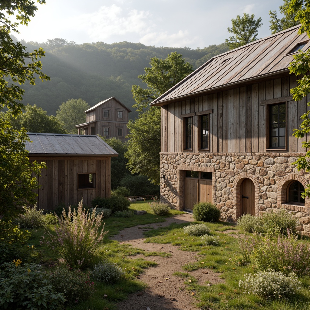 Prompt: Rustic countryside landscape, weathered wooden barns, natural stone walls, earthy clay tiles, reclaimed wood accents, vintage metal roofing, distressed brick exteriors, lush greenery, overgrown wildflowers, winding dirt paths, serene rural ambiance, warm soft lighting, shallow depth of field, 3/4 composition, panoramic view, realistic textures, ambient occlusion.