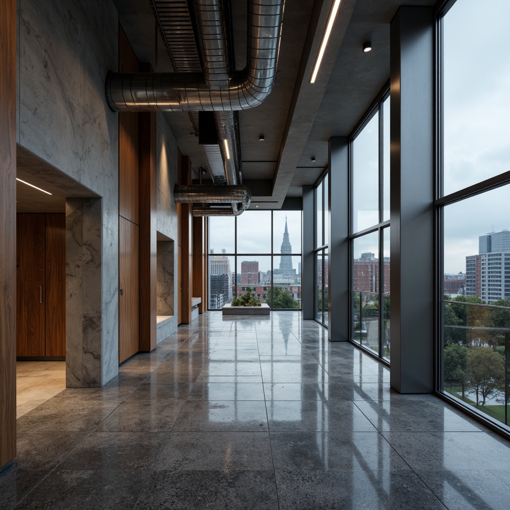 Prompt: Polished concrete walls, smooth granite floors, reflective stainless steel accents, minimalist wooden panels, industrial metal beams, exposed ductwork, sleek glass railings, modern LED lighting, abstract geometric patterns, monochromatic color schemes, brutalist architecture, urban cityscape, overcast sky, dramatic shadows, high-contrast lighting, cinematic composition, 1/2 framing, atmospheric fog, subtle lens distortion.