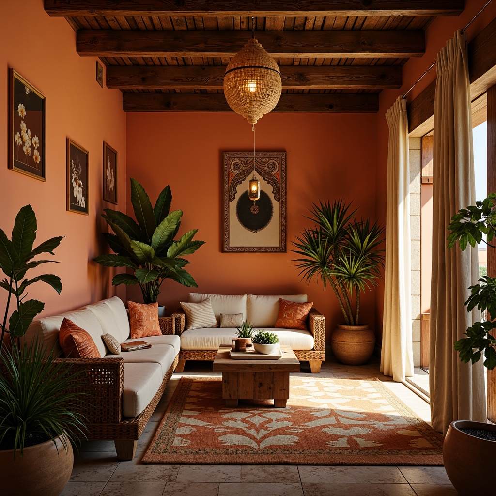 Prompt: Warm persimmon hues, earthy terracotta tones, rich golden accents, soft creamy whites, lush green foliage, natural wood textures, woven rattan furniture, cozy throw blankets, eclectic bohemian decor, vintage Moroccan patterns, intricate tile work, warm candlelight, shallow depth of field, 1/2 composition, realistic ambient lighting.