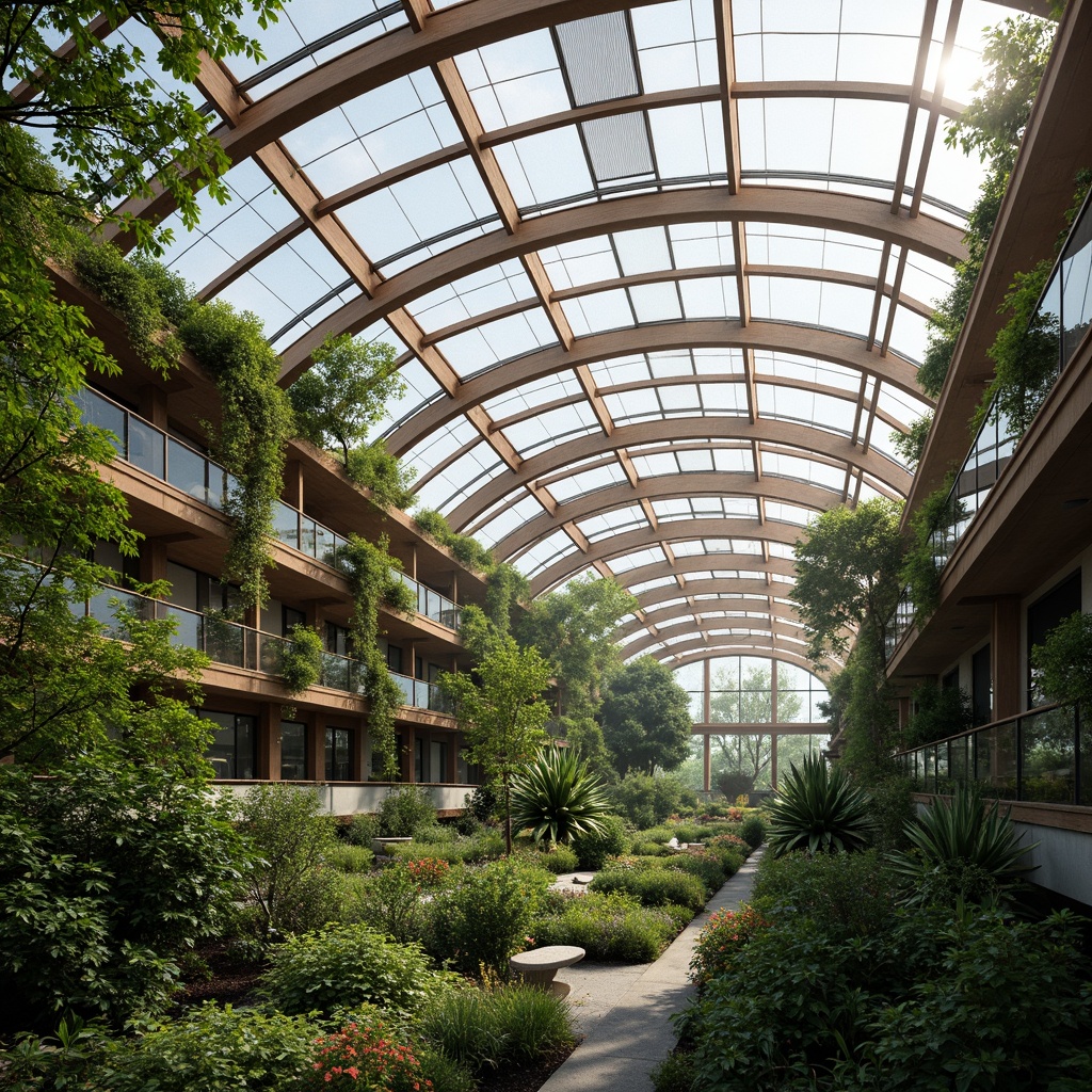 Prompt: Lush greenery, transparent glass roofs, steel beams, wooden frames, curved lines, minimal ornamentation, natural ventilation systems, automatic irrigation networks, hanging planters, trellis structures, climbing plants, misting systems, soft warm lighting, shallow depth of field, 1/1 composition, panoramic view, realistic textures, ambient occlusion.