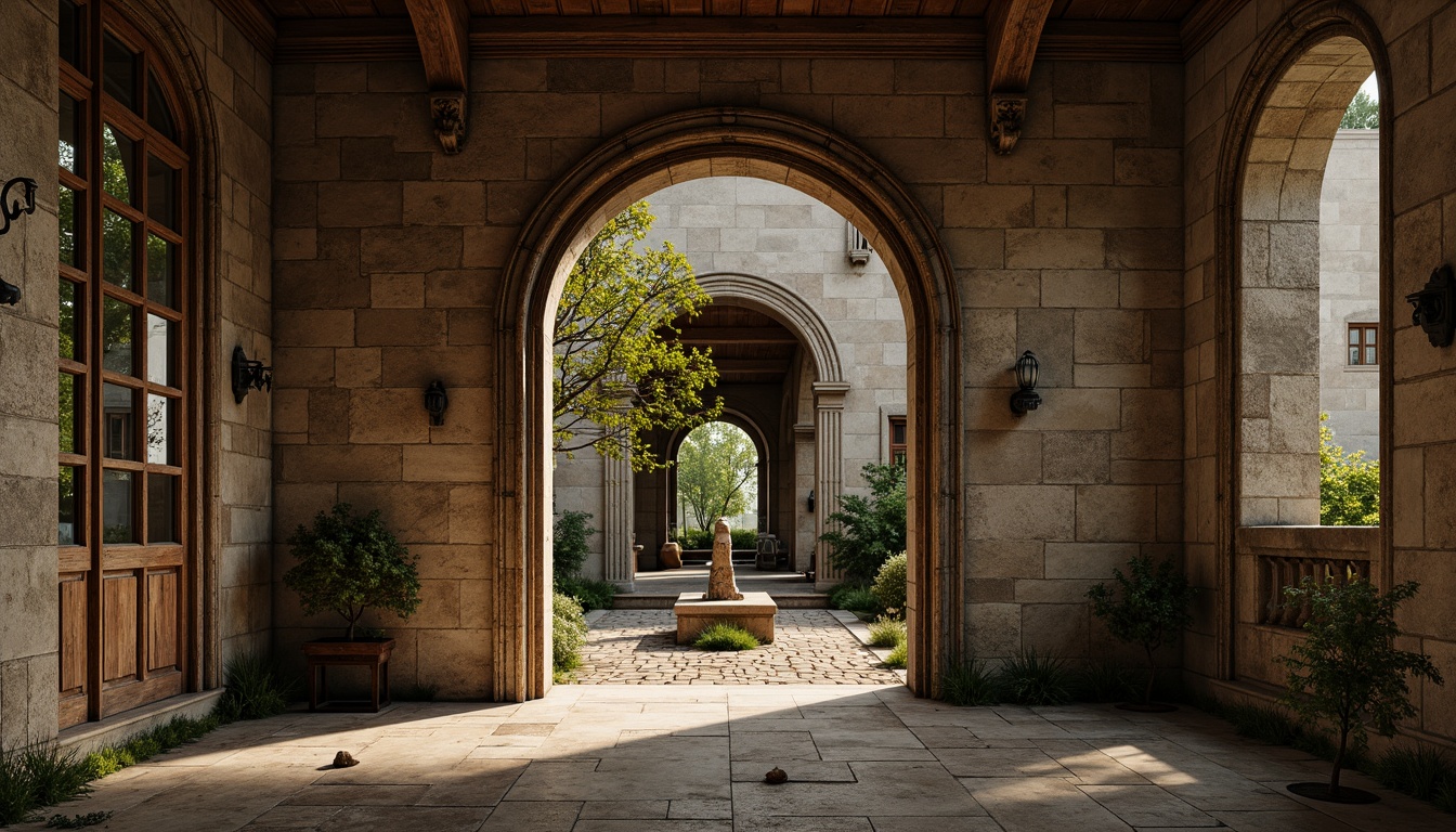 Prompt: Rustic stone walls, ornate carvings, arched windows, grand entranceways, vaulted ceilings, intricate stonework patterns, earthy color palette, weathered stone textures, moss-covered facades, mystical ambiance, soft warm lighting, dramatic shadows, 1/2 composition, symmetrical framing, realistic material rendering, ambient occlusion.