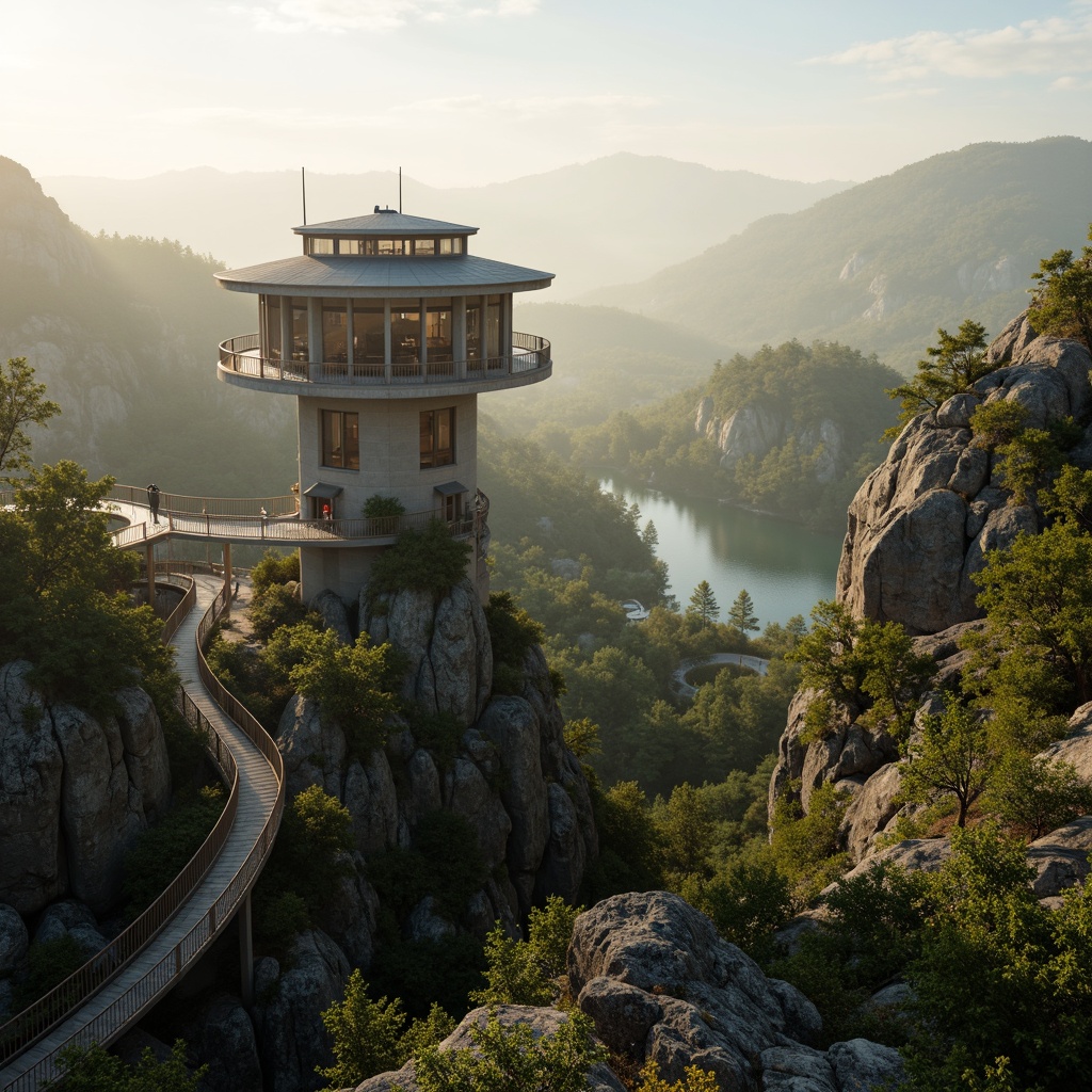 Prompt: Panoramic watchtower, rugged mountainous terrain, lush green forests, winding hiking trails, rustic wooden bridges, serene lake reflections, misty morning atmosphere, warm golden lighting, 3/4 composition, dramatic depth of field, realistic rock textures, ambient occlusion, natural stone walls, wooden observation decks, minimalist modern architecture, sleek metal railings, panoramic views, binoculars equipment, scenic lookout points.