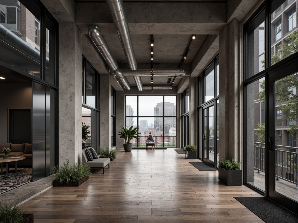 Prompt: Polished concrete walls, rough stone foundations, sleek metal accents, reflective glass facades, minimalist wooden floors, industrial-style pipes, exposed ductwork, urban cityscape, overcast skies, dramatic shadows, high-contrast lighting, 1/1 composition, close-up shot, realistic materials, ambient occlusion.