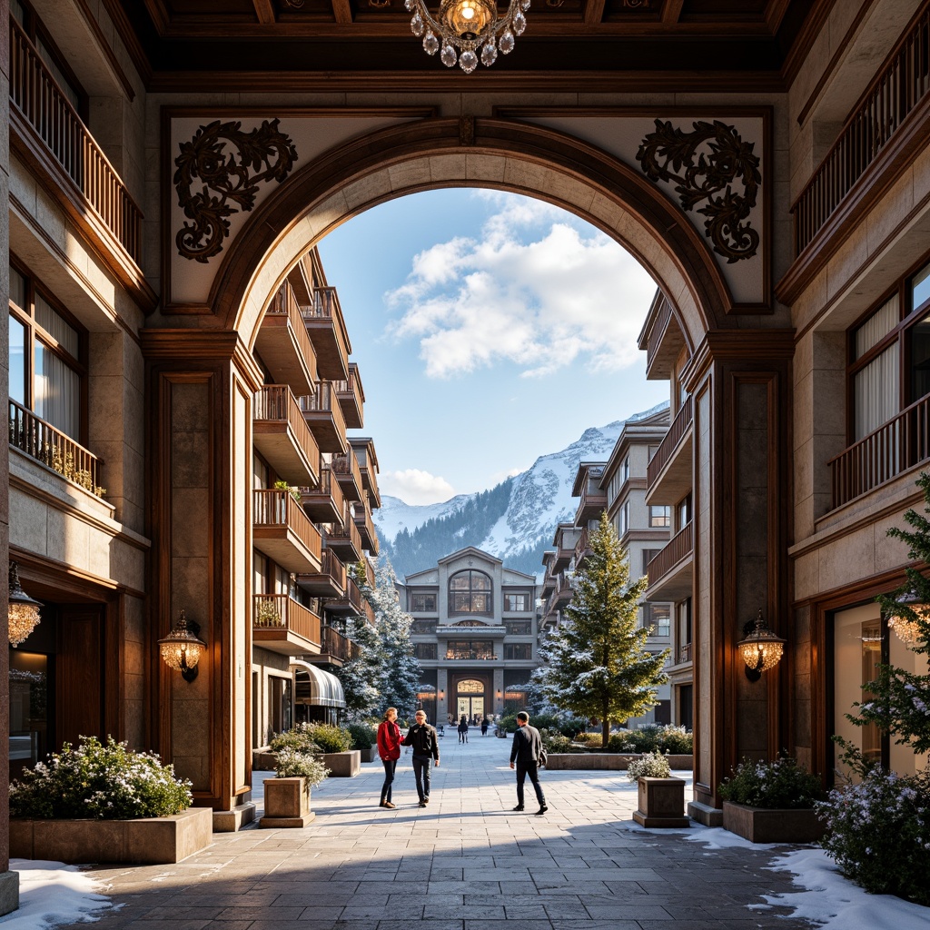 Prompt: Ornate ski resort, grandiose entrance gates, intricately carved wooden doors, rusticated stone walls, sweeping archways, ornamental balconies, gilded details, rich velvet drapes, crystal chandeliers, lavish furnishings, snow-capped mountains, frosty winter morning, warm golden lighting, shallow depth of field, 1/2 composition, romantic atmosphere, realistic textures, ambient occlusion.