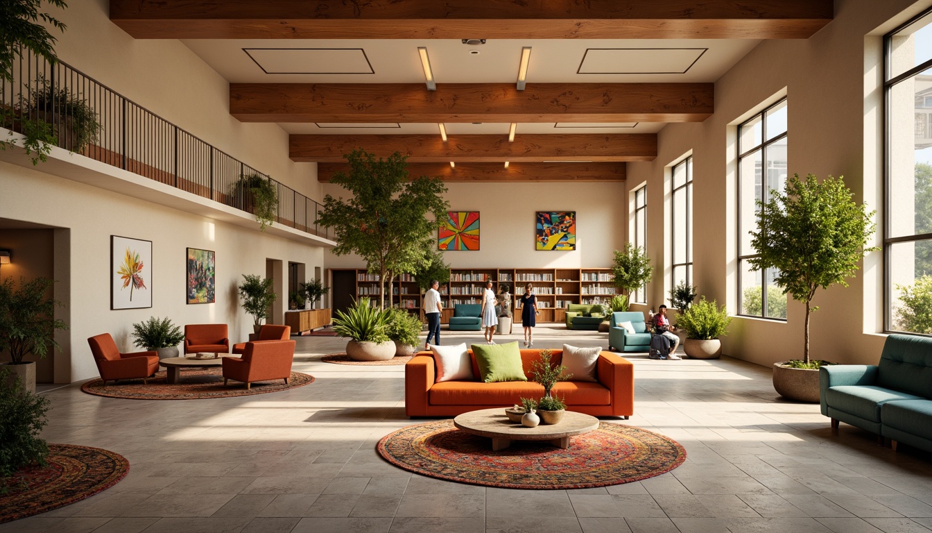 Prompt: Vibrant community center, warm beige walls, rich wood accents, cozy reading nooks, plush couches, bold colorful artwork, lively patterned rugs, natural stone flooring, abundant greenery, circular gathering spaces, soft warm lighting, shallow depth of field, 1/1 composition, realistic textures, ambient occlusion.