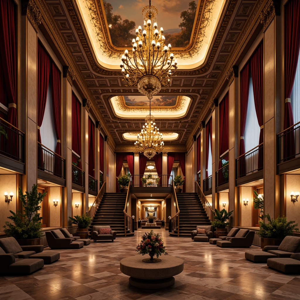 Prompt: Luxurious fitness club, grandiose high ceilings, ornate chandeliers, intricate moldings, gilded accents, rich wood paneling, velvet drapes, marble flooring, elaborate frescoes, sweeping staircases, dramatic archways, opulent furnishings, lavish textiles, golden lighting fixtures, warm atmospheric glow, soft focus blur, 1/1 composition, symmetrical framing, realistic reflections, detailed ornaments.