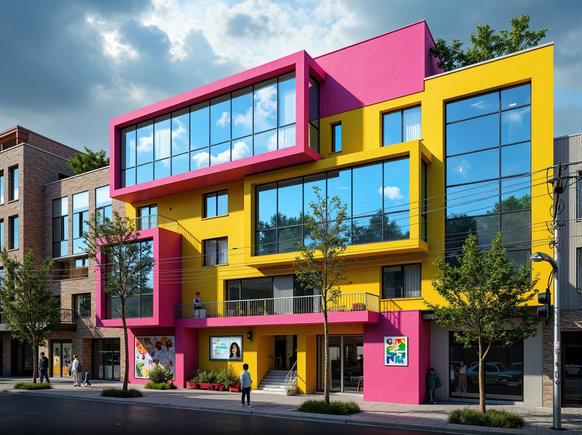 Prompt: Vibrant postmodernist building, bold color blocking, neon pink accents, electric blue highlights, sunshine yellow windows, pastel green walls, iridescent glass facades, fragmented forms, playful geometric shapes, ornate decorations, eclectic mix of materials, concrete textures, metallic sheens, retro-futuristic vibe, nostalgic 80s feel, urban cityscape background, cloudy sky with sunbeams, dramatic spotlighting, high-contrast shadows, abstract expressionist art pieces.