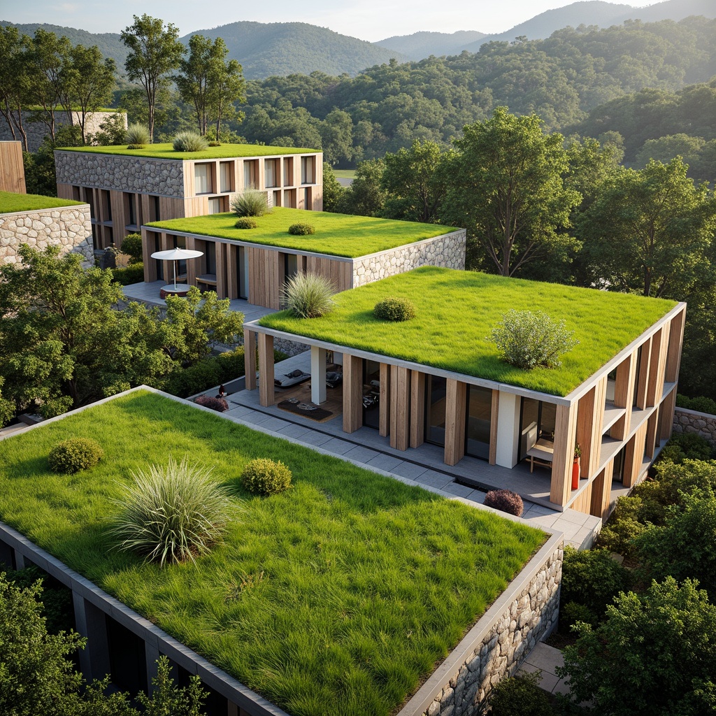 Prompt: Vibrant green roofs, lush foliage, natural stone walls, reclaimed wood accents, earthy tone buildings, solar panels, living walls, eco-friendly materials, sustainable design, bright airy spaces, minimal ornamentation, organic shapes, subtle texture contrasts, soft warm lighting, shallow depth of field, 1/1 composition, realistic textures, ambient occlusion.