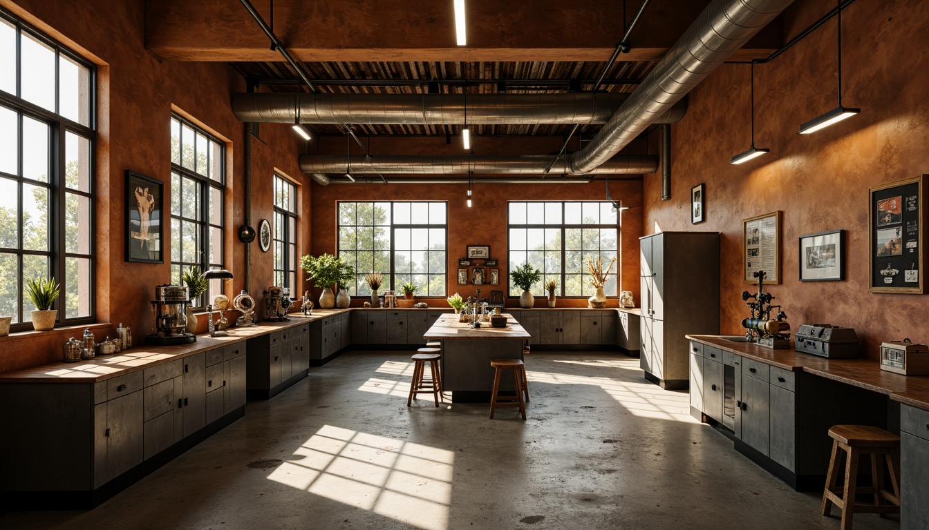 Prompt: Rugged laboratory interior, ochre hues, industrial metal frames, exposed ductwork, concrete floors, brutalist architecture, minimalist decor, functional lighting fixtures, steel cabinets, distressed wood accents, vintage scientific equipment, worn leather stools, earthy tones, muted color scheme, high-contrast shadows, dramatic spotlighting, shallow depth of field, 2/3 composition, gritty textures, ambient occlusion.