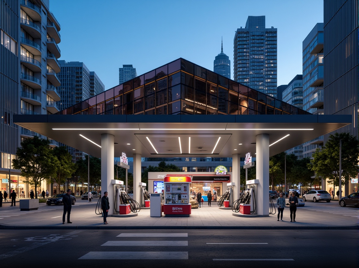 Prompt: Modern gas station, sleek metallic canopy, futuristic fuel pumps, neon lights, reflective glass fa\u00e7ade, angular lines, minimalist design, industrial materials, urban cityscape, busy streets, high-rise buildings, evening ambiance, warm artificial lighting, shallow depth of field, 3/4 composition, panoramic view, realistic textures, ambient occlusion.