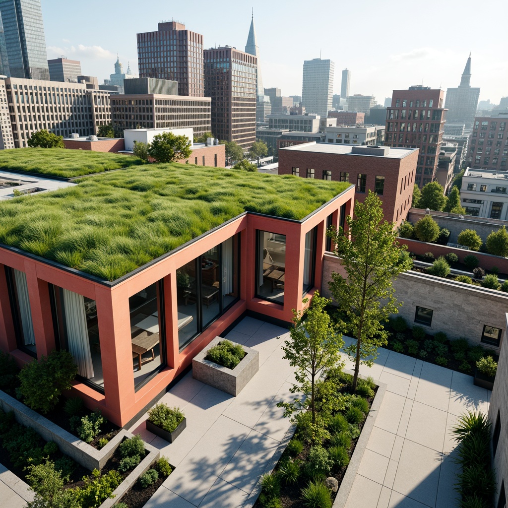 Prompt: Vibrant green roofs, angular modern buildings, functionalist design, rectangular forms, primary color schemes, clean lines, minimal ornamentation, industrial materials, steel frames, large windows, open floor plans, seamless indoor-outdoor transitions, natural stone walls, geometric planters, abstract sculptures, urban cityscape, sunny day, high contrast lighting, shallow depth of field, 2/3 composition, realistic textures, ambient occlusion.