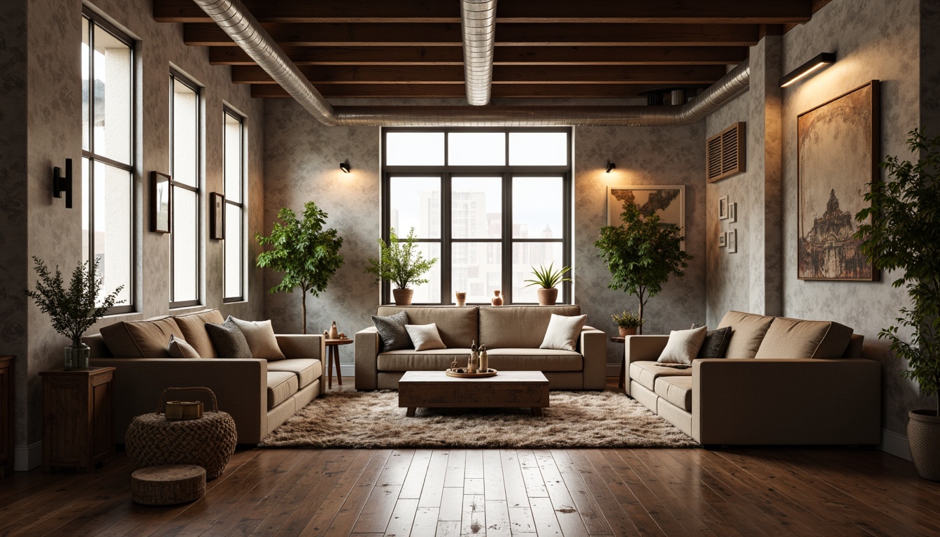 Prompt: Cozy living room, comfortable sofas, warm lighting, rustic wood accents, plush area rugs, minimalist decor, large windows, natural ventilation, calming color palette, soft background music, intimate seating arrangements, decorative plants, vintage furniture pieces, industrial-chic exposed ductwork, urban loft atmosphere, relaxed ambiance, 1/1 composition, shallow depth of field, realistic textures, ambient occlusion.