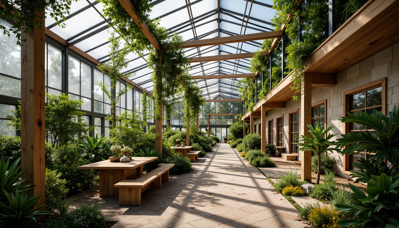 Prompt: Vibrant greenhouse interior, lush tropical plants, wooden trellis, steel frame structure, glass roof panels, clerestory windows, natural ventilation systems, misting irrigation, rustic stone walls, reclaimed wood accents, living green roofs, bamboo planters, rattan furniture, warm soft lighting, shallow depth of field, 1/1 composition, realistic textures, ambient occlusion.