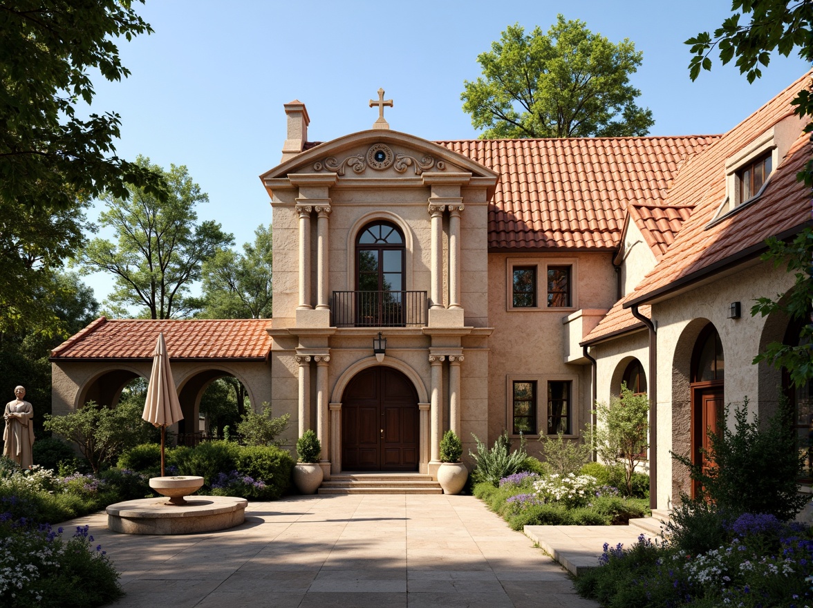 Prompt: Romanesque church, curved roof lines, terracotta tiles, ornate stone carvings, grandiose entrance, arched windows, rustic brick fa\u00e7ade, weathered stone walls, moss-covered statues, serene courtyard, lush greenery, vibrant flowers, warm afternoon sunlight, soft diffused lighting, shallow depth of field, 2/3 composition, realistic textures, ambient occlusion.