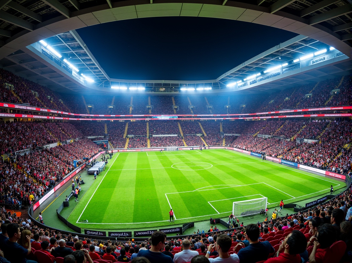 Prompt: Vibrant soccer stadium, bold team colors, dynamic lighting effects, energetic atmosphere, excited crowd, lush green grass, modern architecture, sleek lines, geometric patterns, comfortable seating, clear signage, intuitive wayfinding, ambient occlusion, realistic textures, shallow depth of field, 3/4 composition, panoramic view.