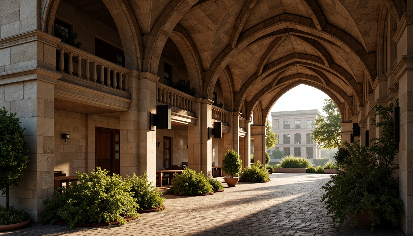 Prompt: Grand Romanesque archways, rustic stone walls, ornate carvings, Gothic-inspired vaulted ceilings, majestic columns, intricate capitals, weathered brick facades, moss-covered statues, lush green ivy, cobblestone pathways, warm golden lighting, soft focus, atmospheric perspective, 1/2 composition, dramatic shadows, realistic textures, ambient occlusion.