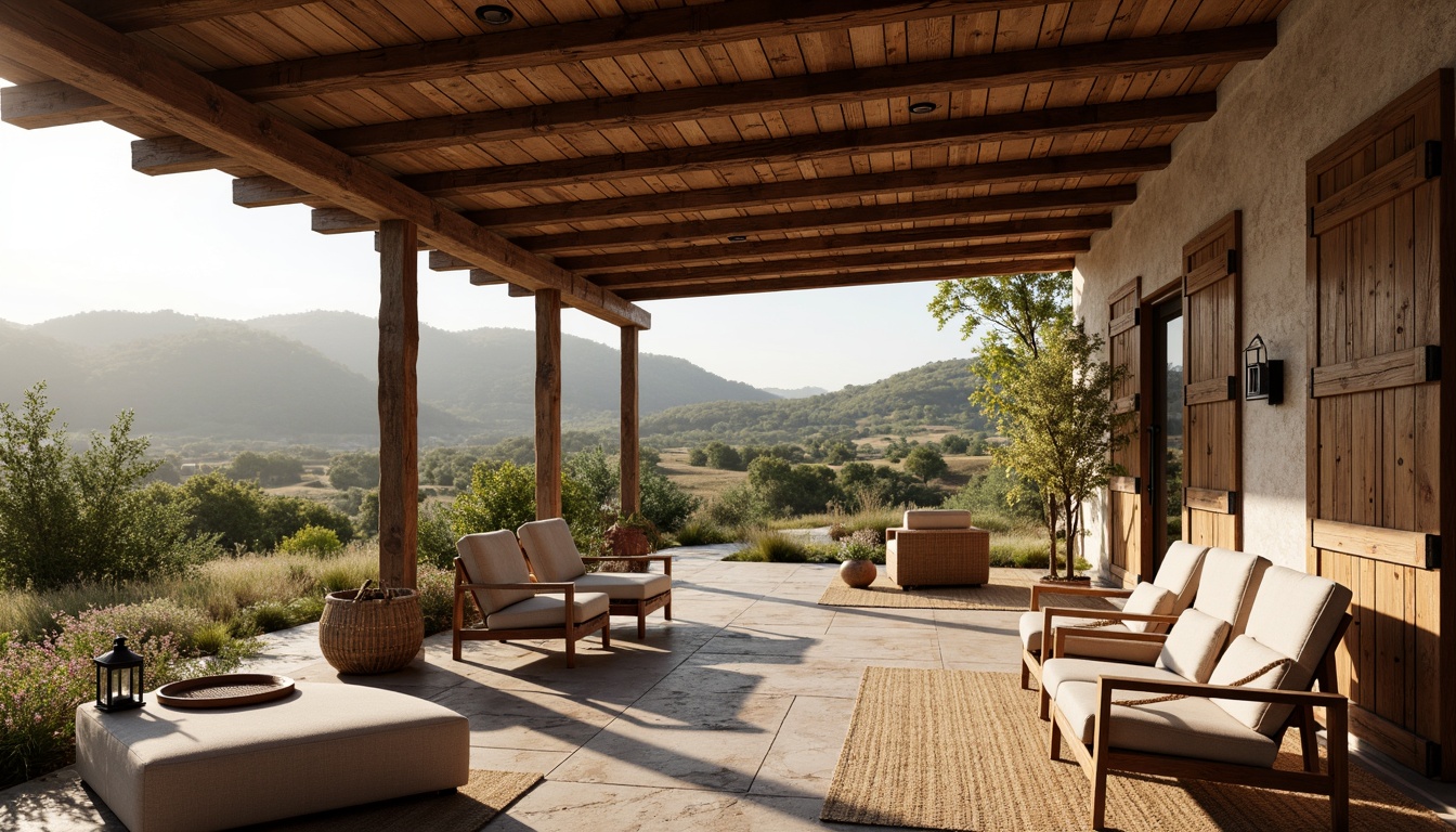 Prompt: Rustic rural landscape, rolling hills, wooden farmhouses, natural stone walls, earthy terracotta roofs, reclaimed wood accents, weathered barn doors, vintage metal lanterns, distressed wood furniture, woven wicker chairs, jute rugs, linen fabrics, soft warm lighting, shallow depth of field, 1/1 composition, realistic textures, ambient occlusion.