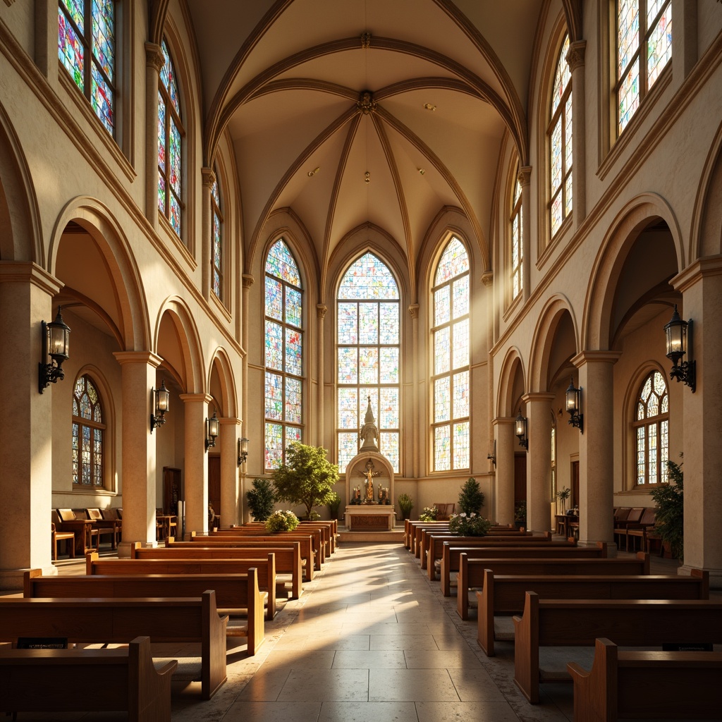 Prompt: Ethereal church interior, soft golden light, warm beige stone walls, rich wooden accents, vibrant stained glass windows, serene sacred atmosphere, subtle earthy tones, calming blues, creamy whites, elegant arches, ornate details, subtle textures, warm candlelight, peaceful ambiance, natural materials, harmonious color harmony, balanced composition.