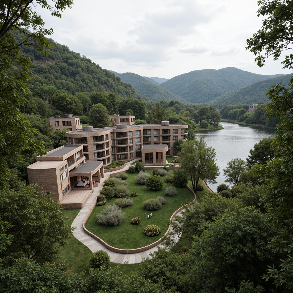 Prompt: Harmonious building integration, rolling hills, lush green forests, serene lakeside, meandering walking trails, natural stone walls, weathered wood accents, curved lines, organic forms, earthy color palette, rustic textures, subtle lighting, soft shadows, 1/1 composition, wide-angle lens, cinematic view, realistic foliage, ambient atmosphere.