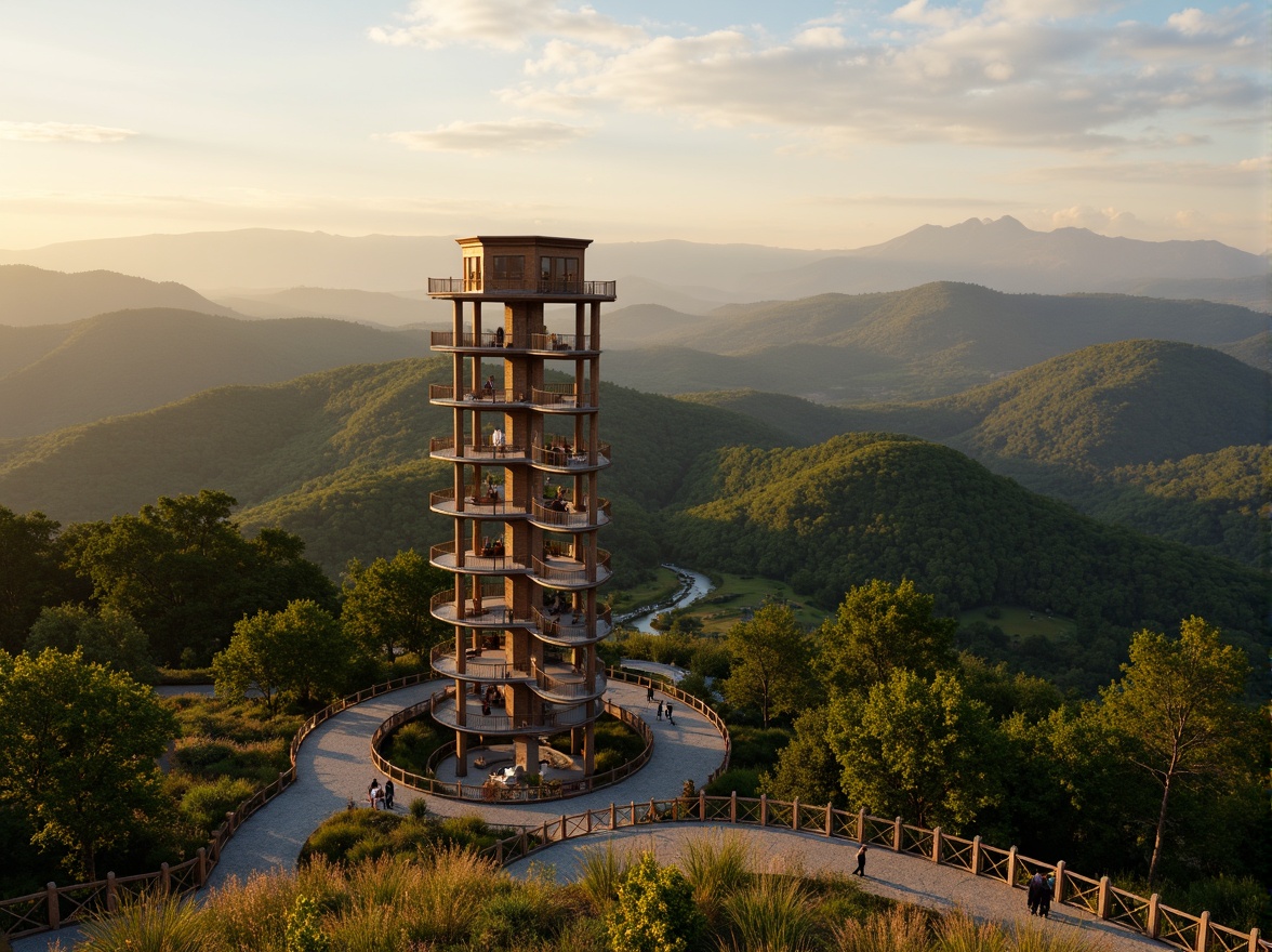 Prompt: \Panoramic watching tower, harmonious landscape integration, rolling hills, lush green forests, winding stone paths, wooden observation decks, rustic wooden railings, natural rock formations, bird's eye view, vast open vistas, warm golden lighting, soft misty atmosphere, 1/1 composition, realistic tree textures, ambient occlusion, serene ambiance.\