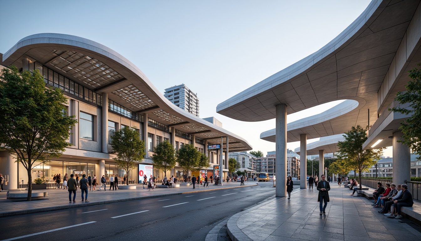 Prompt: Futuristic bus station, curved rooflines, cantilevered canopies, transparent skylights, dynamic LED lighting, sustainable solar panels, green roofs, eco-friendly materials, modern minimalist design, angular steel beams, reinforced concrete pillars, open-air waiting areas, comfortable seating benches, urban cityscape, busy street activity, soft warm lighting, shallow depth of field, 3/4 composition, panoramic view, realistic textures, ambient occlusion.