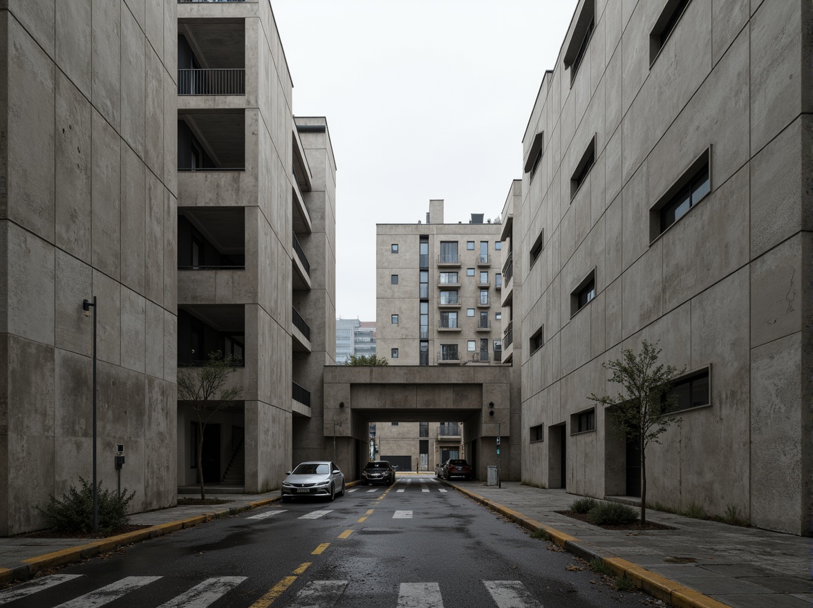 Prompt: Raw concrete walls, fortress-like structures, industrial materials, minimalist ornamentation, functional simplicity, bold geometric forms, monumental scales, urban context, gritty cityscape, overcast sky, dramatic shadows, high-contrast lighting, deep depth of field, 1/1 composition, symmetrical framing, stark textures, muted color palette, brutalist aesthetics, fortress-like fa\u00e7ades, robust columns, exposed ductwork, industrial piping, urban grittiness, functional minimalism.