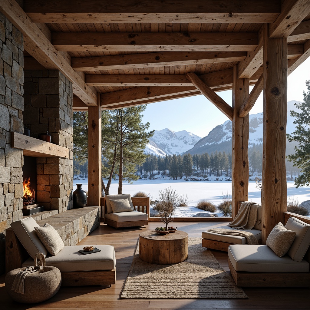 Prompt: Rustic ski lodge, wooden beams, stone walls, earthy tones, natural fabrics, woven textiles, pine trees, snow-capped mountains, frozen lake, winter scenery, warm cozy atmosphere, crackling fireplace, wooden furniture, reclaimed wood accents, eco-friendly materials, energy-efficient systems, green roofs, solar panels, sustainable design, organic shapes, minimal ornamentation, soft warm lighting, shallow depth of field, 1/1 composition, realistic textures, ambient occlusion.