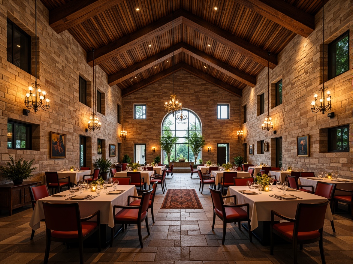 Prompt: Rustic dining hall, natural stone walls, archaic brickwork, earthy tone color scheme, rough-hewn wooden beams, ornate chandeliers, grandiose high ceilings, lavish furnishings, elegant table settings, warm ambient lighting, shallow depth of field, 1/2 composition, realistic textures, ambient occlusion, traditional craftsmanship, manual labor-intensive construction, reinforced concrete foundations, sturdy steel frames, load-bearing walls, durable roof tiles, weather-resistant exterior coatings.