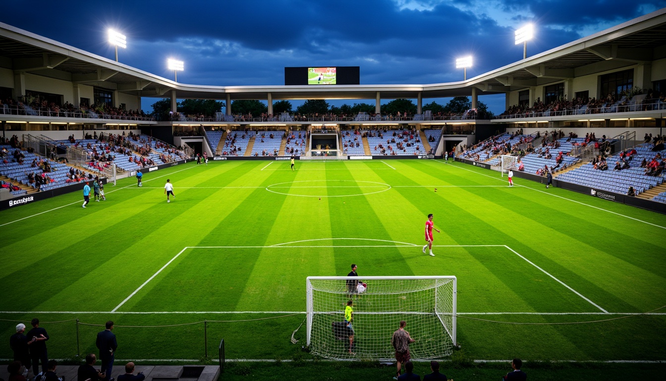 Prompt: Stadium site, lush green grass, athletic tracks, soccer goals, football fields, baseball diamonds, tennis courts, basketball hoops, volleyball nets, spectator seating, modern architecture, sleek metal structures, cantilevered roofs, large windows, natural stone fa\u00e7ades, concrete walkways, sports lighting systems, evening ambiance, dramatic shadows, 1/1 composition, low-angle view, realistic textures, ambient occlusion.